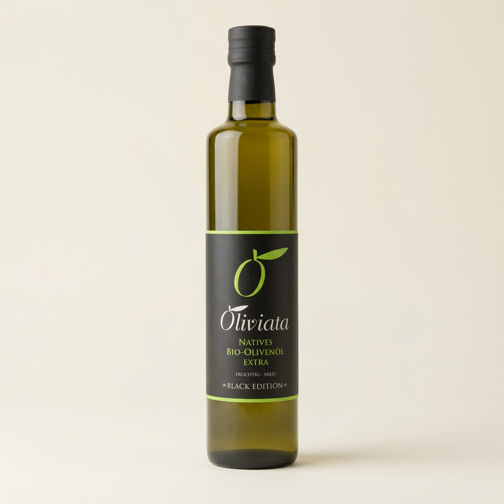 Oliviata Black Edition Bio-Olivenöl in der 500-ml-Flasche vor warmweißem Hintergrund